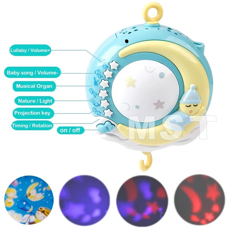 Baby Hanging Rattles Mobiles Toy Holder Rotating Crib Bed Bell With Music Box Projection For 0 2