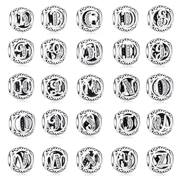 

925 Sterling Silver Hollow Beads Letter A to Z trendy Womens Accessories Fit Original Pandora Charms Bracelets Jewelry Making