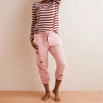 

Women new Hole Ripped Harem Pants Drawstring Elastic Waist Rip Hole Cotton Blend Stretch Jogger Fitness Pants Sweatpants Casual