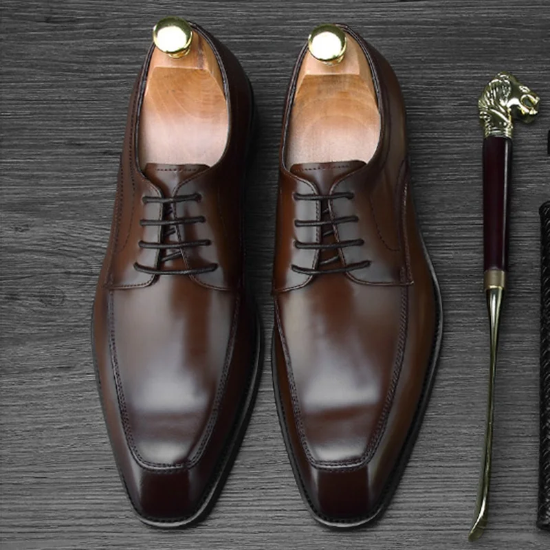 Ne70 Derby Zapatos Partido Genuino Moderno Pie Boda A Mano Dedo 2018 Lujo De Cuadrado Oxfords Hecho Del Negro Hombre La marrón Cuero Vestir Hombres Formal Calzado Yw8pfgq