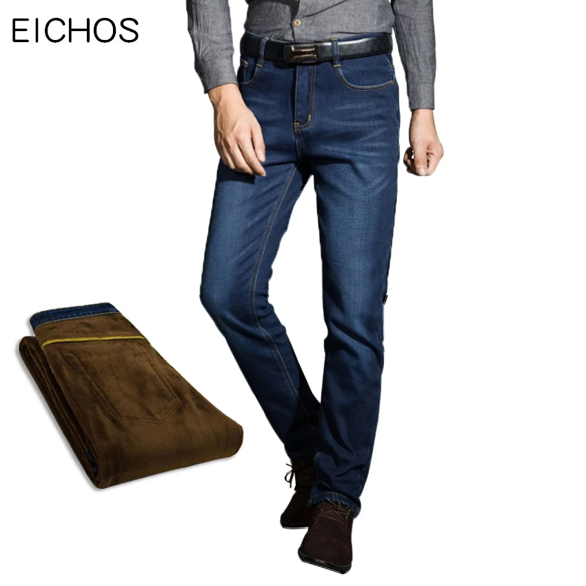 

EICHOS Mens Jeans 2018 Winter Jeans Men Warm Flocking Soft Jeans Joggers Man Straight Pants Big Size Denim Trousers High Quality