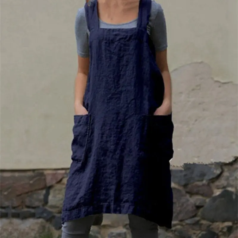 New Brief Cotton Linen Cooking Kitchen Apron Mens Women Loose Solid Color Apron Bartender BBQ Chef Work Uniform JCX9098