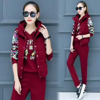

2019 female ladies Women's sweatshirt vest pants 3 pieces Set plus velvet thickening plus size casual nice Suit Cheap wholesale