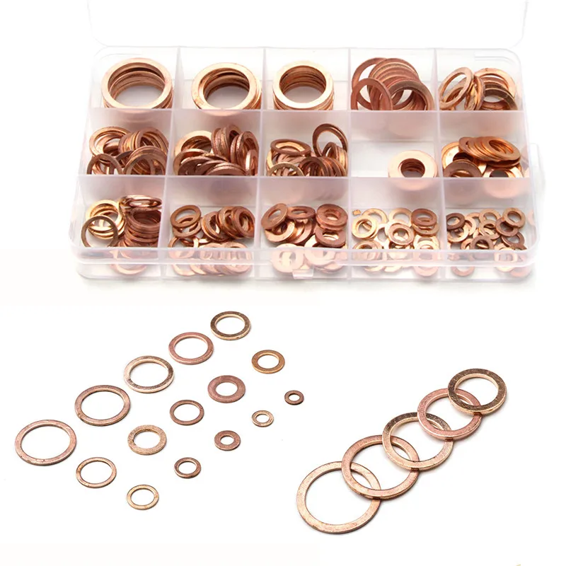250PCS 9Sizes Solid Copper Crush Washers Spacer Flat Ring Oil Brake