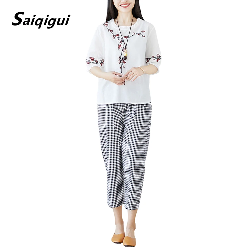 

Saiqigui 2019 spring summer Women Sets Casual loose Cotton Linen two piece set T-shirt + Ankle-Length Pants conjuntos mujer