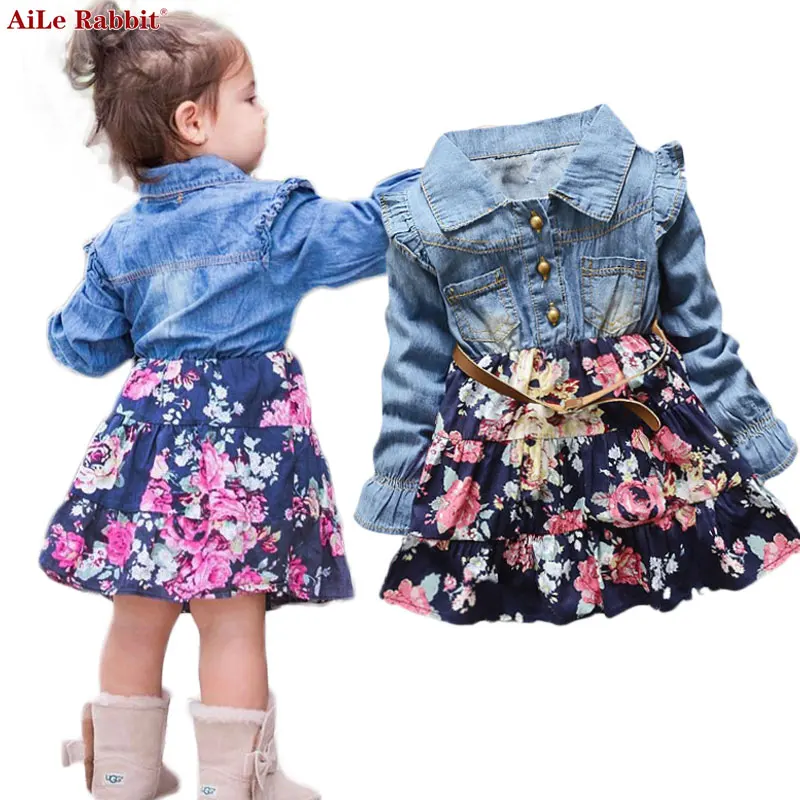 AiLe Rabbit INS Autumn Girls Dresses Floral Denim Long Sleeves Dress Flowers Belt Fashion Flying Sleeve Child's Dress Kids k1 AiLe Rabbit INS Autumn Girls Dresses Floral Denim Long Sleeves Dress Flowers Belt Fashion Flying Sleeve Child's Dress Kids k1