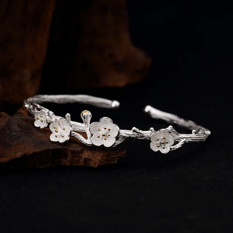 plum blossom flower silver bangle for women 1