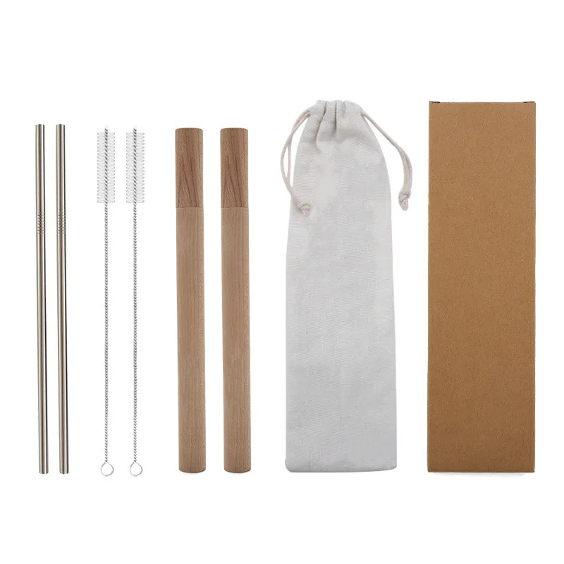 

Reusable Drinking Straw Portable Bamboo bucket Cleaner Brush Stainless Steel Metal Straw Bag Set Eco-friendly Bar Accessory