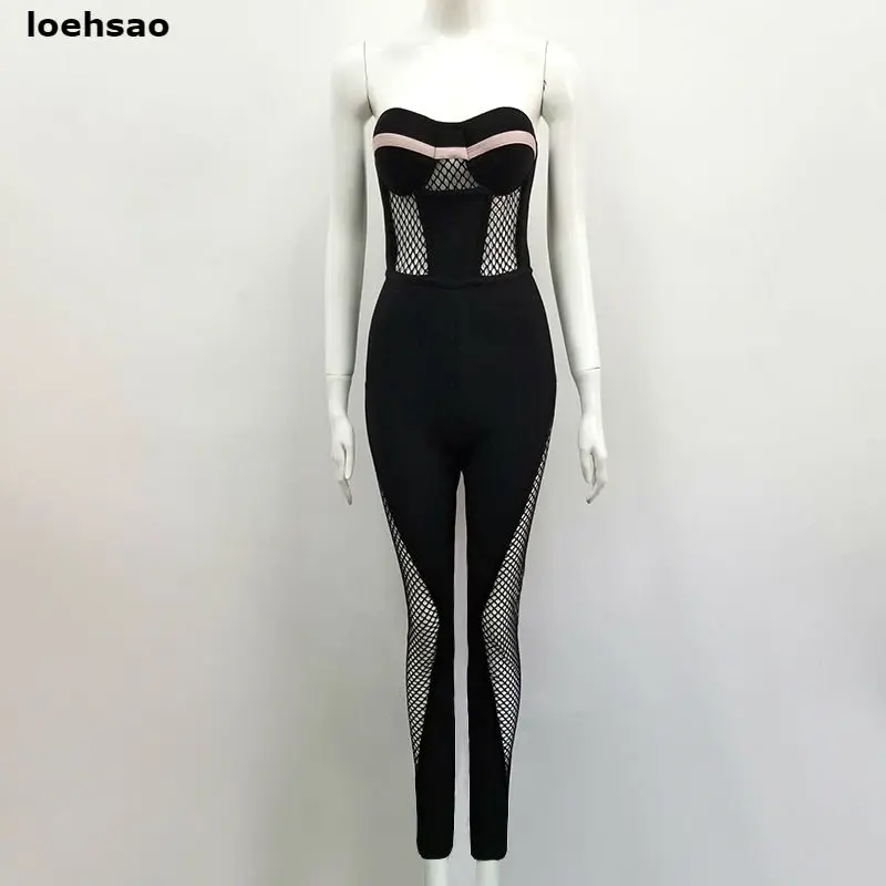 

Newest Fashion Women Bandage Jumpsuits Black Rayon Mesh Slim Rayon Knitted Strapless Evening Club Bodycon Bandage Playsuit