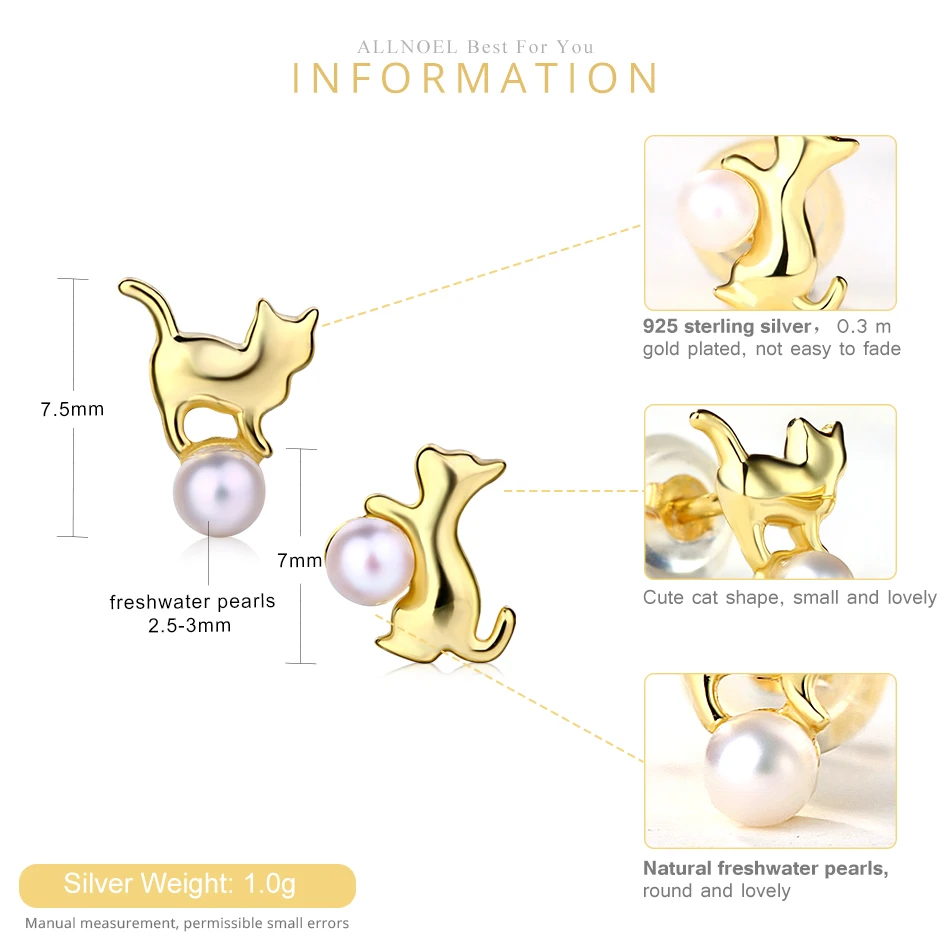 ALLNOEL, настоящее 925 пробы, серебряные жемчужные серьги- гвоздики для женщин, Пресноводный Жемчуг, милая кошка, позолота, S925, свадебные ювелирные изделия