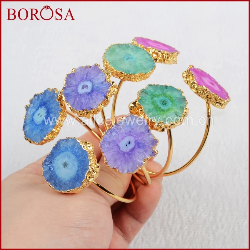 

BOROSA Two Rainbow Quartz Stone Cuff Bangle Sun Flower Quartz Stone Gold Adjustable Bangle Druzy Jewelry Gems for Women G0319