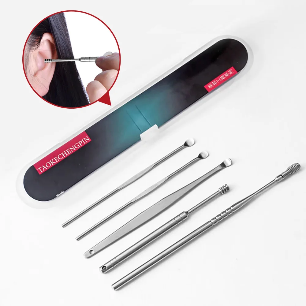 

BAIMISS 5Pcs Antibacterial Ear Spoon Earwax Removal Stainless Steel Earwax Cleaning Tool Spiral Ear-pick Ear Care Ear Cleaner