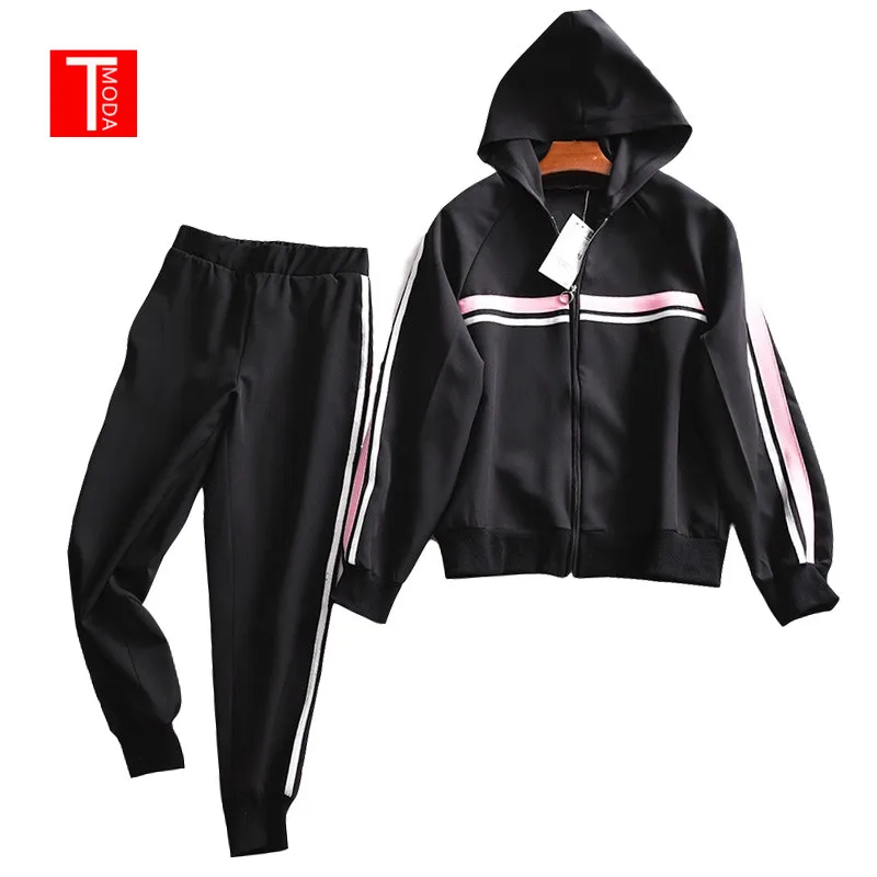 

2019 Runway Vintage Striped 2 Piece Set Black Zipper Hooded Jacket Tops Ankle-Length Jogging Pants Suit Casual Women's Suit