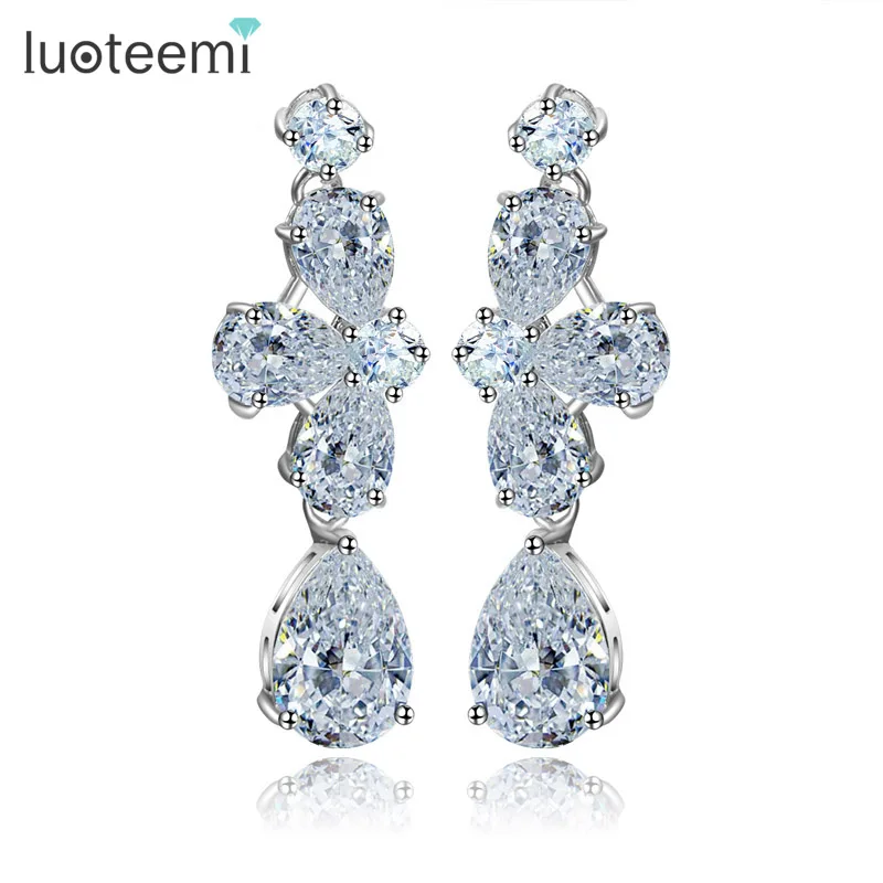 

LUOTEEMI Luxury High Quality Waterdrop and Round AAA Cubic Zircon Stone Dangle Earrings for Party and Wedding White Gold-Color