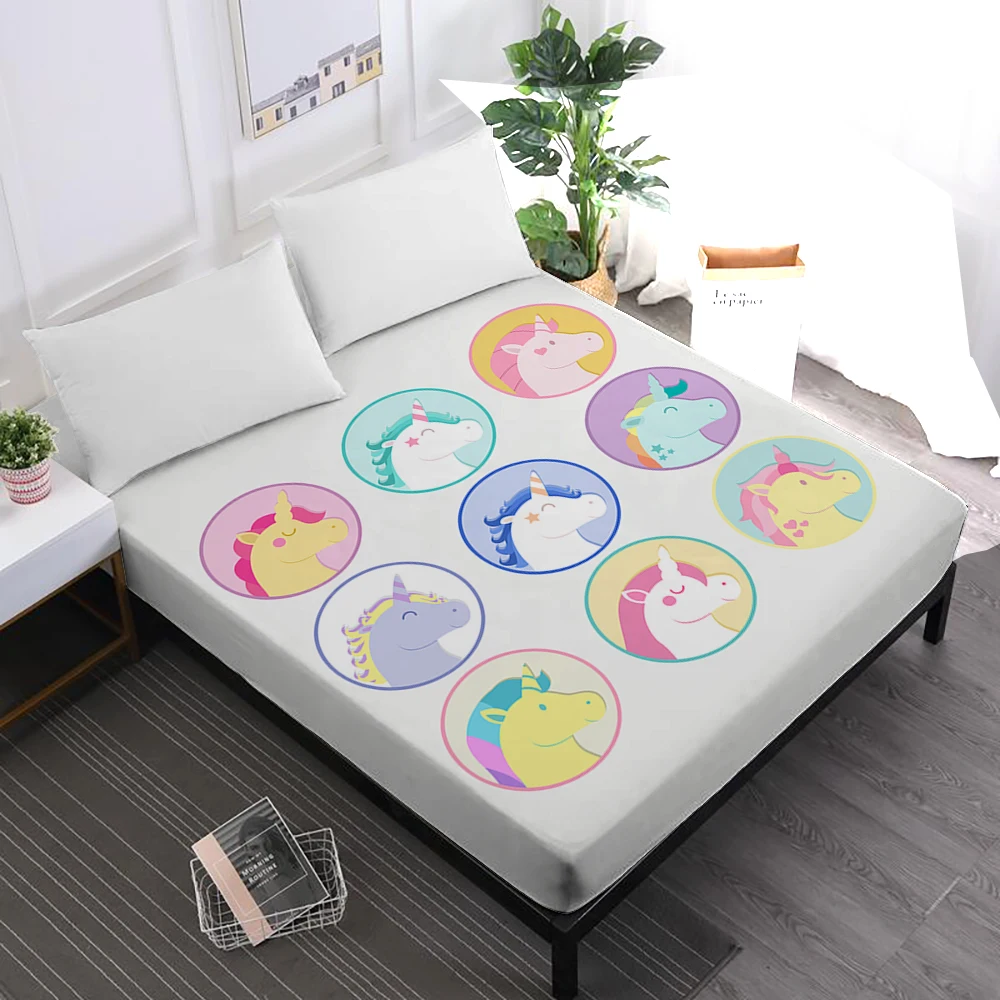 

Child Cartoon Bed Sheets Colorful Unicorn Print Fitted Sheet Ladies Sweet Mattress Cover Elastic Band Home Decor D35