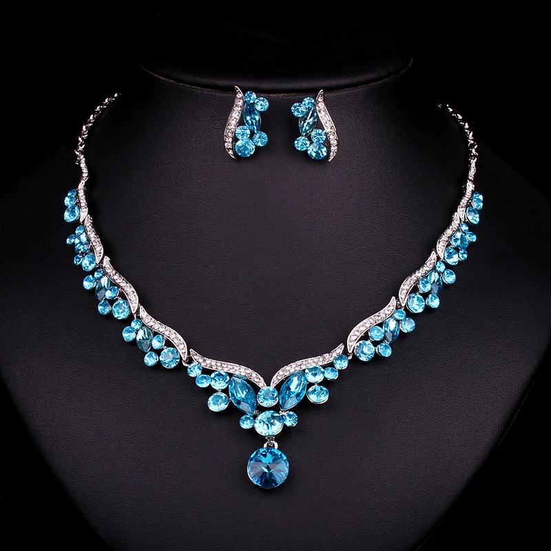 New Luxury Silver Plated Blue Crystal Sapphire Bridal Jewelry Set For Brides Necklace Earring Wedding Party Accessories Women