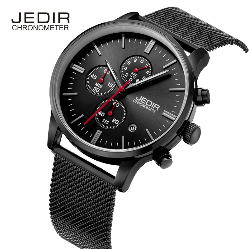 

JEDIR Quartz Men Watch Nail Shape Scale Three Functional Subdial Calendar Hook Buckle Hardlex Mesh Band Wristwatch Fashion Clock