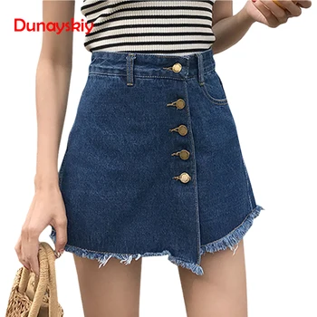 

Irregular Skirts 2020 Fashion Summer New Cute College Wind High Waist Button Asymmetry Burrs A-line Female Denim Mini Skirts