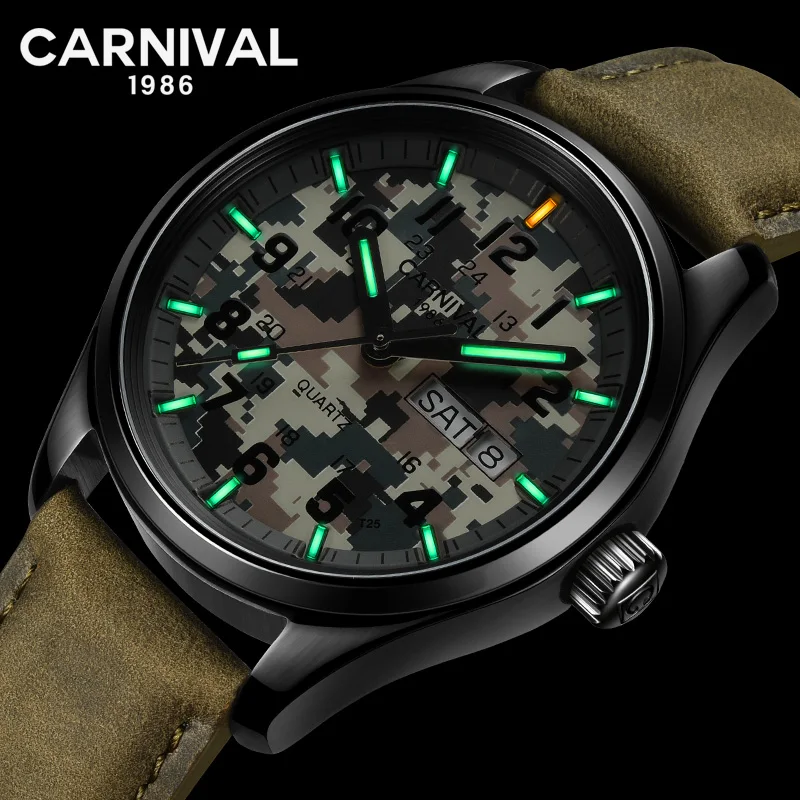

Carnival T25 Tritium Luminous Quartz Watch Men Sport Military Camouflage Mens Watches Top Brand Luxury Clock relogio masculino