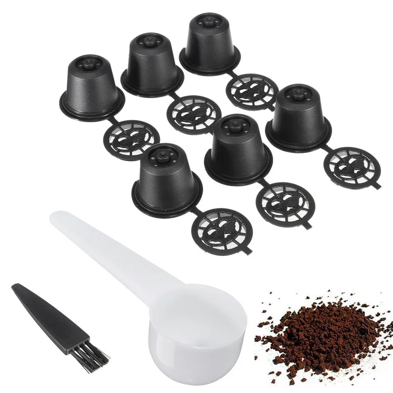6Pcs/Set Reusable Nespresso Coffee Capsules Cups with Spoon Brush Black Refillable Coffee Capsule Refilling Filter Coffeeware 6Pcs/Set Reusable Nespresso Coffee Capsules Cups with Spoon Brush Black Refillable Coffee Capsule Refilling Filter Coffeeware