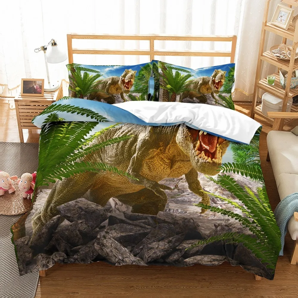 

3D Printed Dinosaur in The Jungle Tree Forest Kid Home Duvet Cover Set 3 Pieces Dino Green/Blue Bedding Set with 2 Pillow Shams
