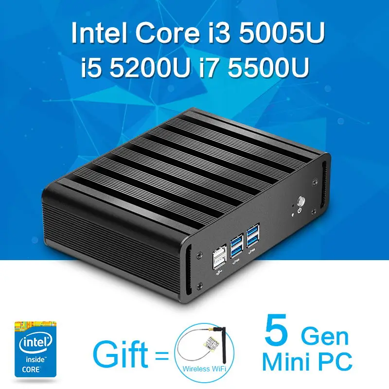 Desktop Computer CPU Mini PC Windows 7/8 Core I5 5200U I7 5500I I3 5005U Fanless PC with HDMI Gigabit Lan 8G RAM 128G SSD+WIFI