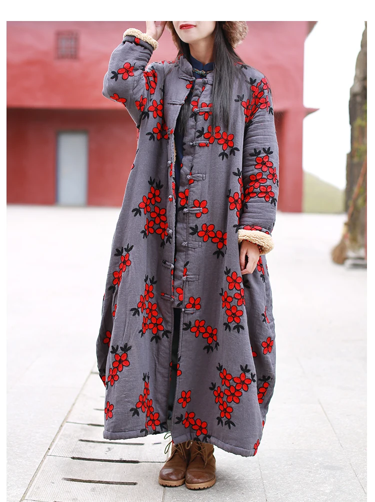 LZJN Women's Chinese-Style Floral Embroidered Trench Coat, Maxi Loose Overcoat, Windproof Fleece Jacket, for Autumn and Winter