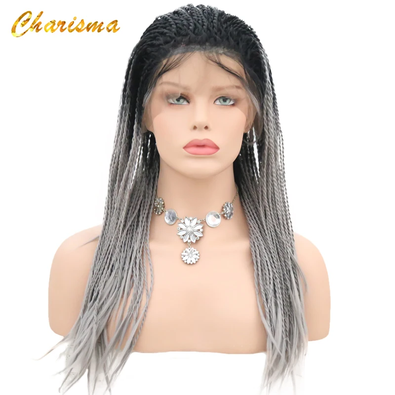 

Charisma Grey Color Ombre Dark Roots 2X Twist Braids Wig Synthetic Lace Front Wigs 24 Inch With Baby Hair For Women In Stock