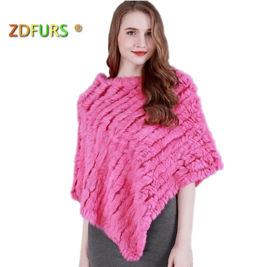 ZDFURS * осенне-зимние женские из натурального кроличьего меха пончо треугольный меха натуральной меховая накидка пуловеры вязаная куртка в виде кролика накидка - изображение