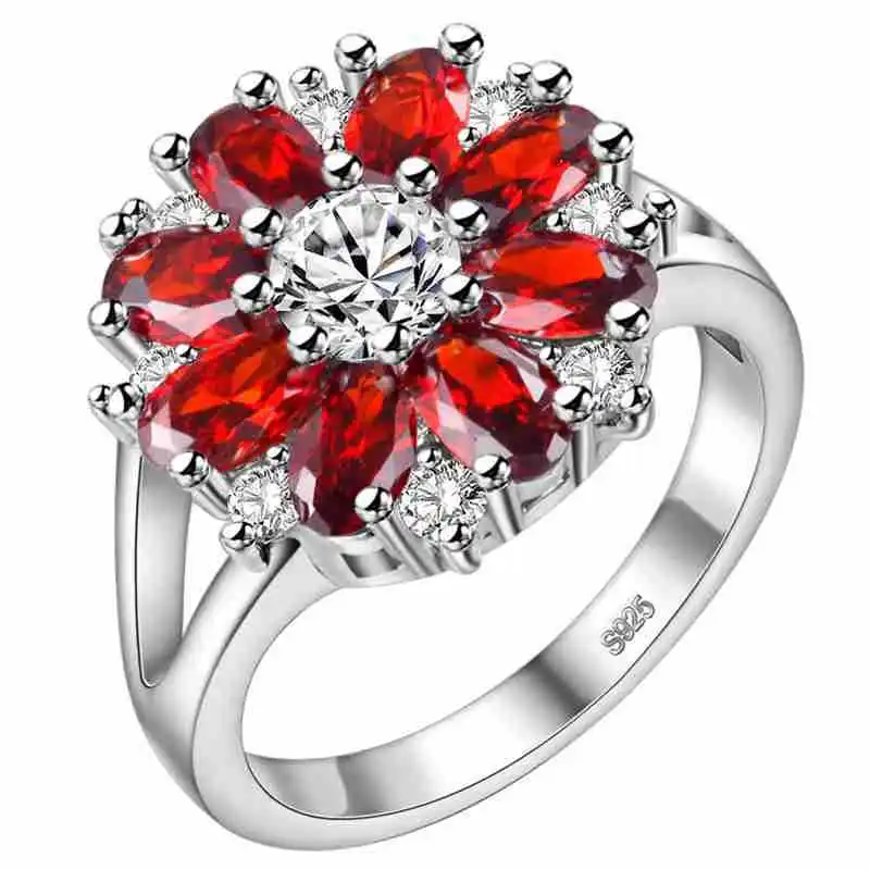 Rainbamabom Роскошные настоящие 925 Твердые из стерлингового серебра, рубиновое свадебное обручальное цветочное кольцо с драгоценным камнем, ювелирные украшения, подарки