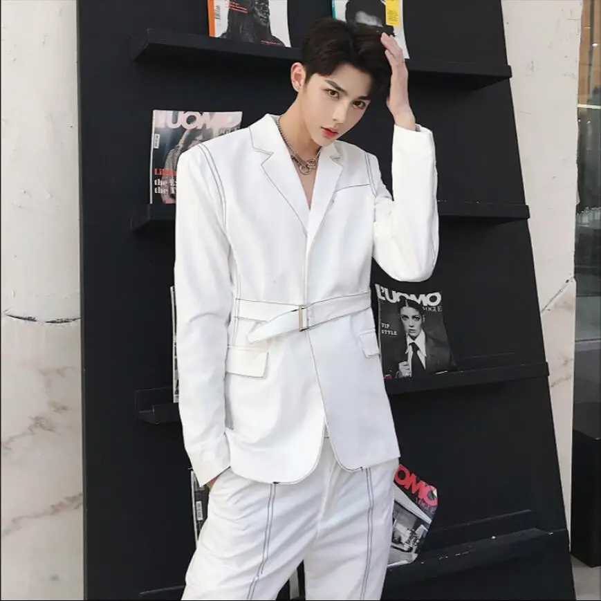 

(tops+pants)Spring and autumn new England Slim single buckle suits sets tide brand men clothing small suit stage singer costumes
