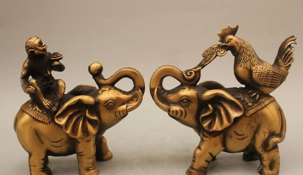 

8" Chinese Fengshui Bronze Zodiac Year Monkey Rooster Ride Elephant Statue Pair