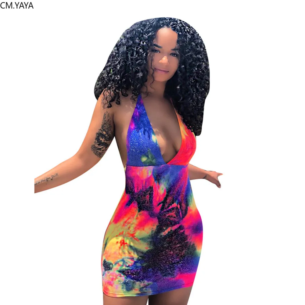 

2019 women tie dye galaxy print sleeveless halter v-neck mini open back midi dress sexy party bodycon dresses vestido GLM5097