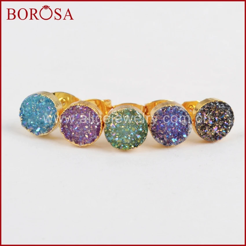 BOROSA Fashion 8mm Round Drusy Stud Earring for Women, Wholesale Gold