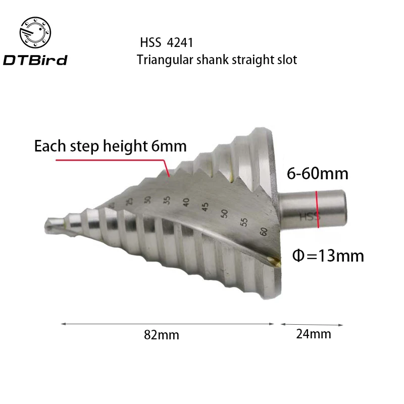 6-60 мм шаговый конус HSS Сверло Набор отверстий 12 шагов Метрическая ступенчатая дрель дерево пластик металл сверлильный хвостовик диаметр 13