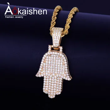 

Fatima Hand Pendant Necklace Chain Free Steel Cuban Chain Gold Color Cubic Zircon Men's Hip hop Jewelry For Gift