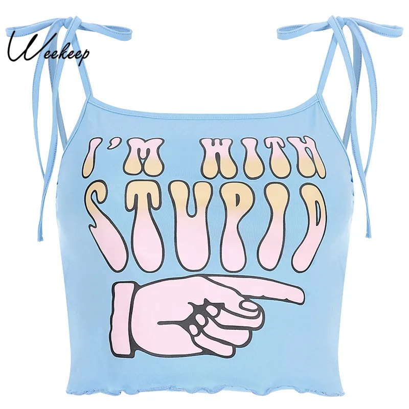 

Weekeep Women Cropped Print Spaghetti Strap Camis Blue 2019 Summer Streetwear Crop Top Women Sexy Bodycon Backless Top