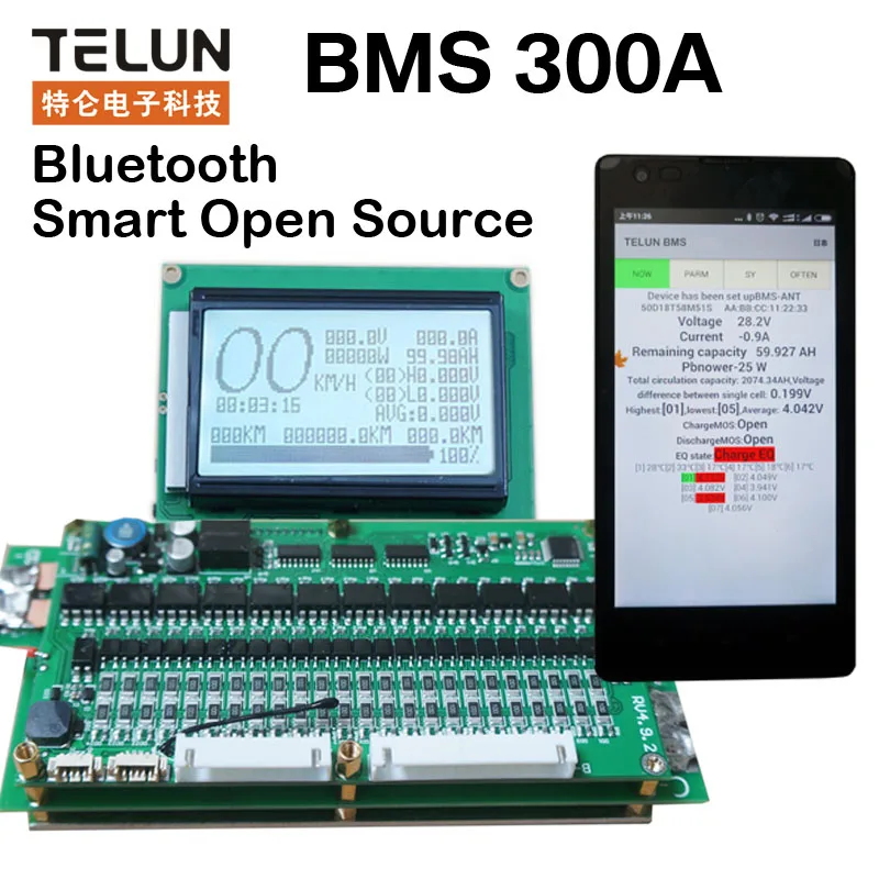 

8S - 24S smart display 2.4V or 3.2V or 3.7V 300A lithium battery protection board balanced management system BMS Coulomb Counter