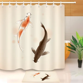 

LB Long Fish Stall Shower Curtain Liner With Bath Mat Set Bathroom Curtains Waterproof Polyester Fabric for Kids' Bathtub Decor