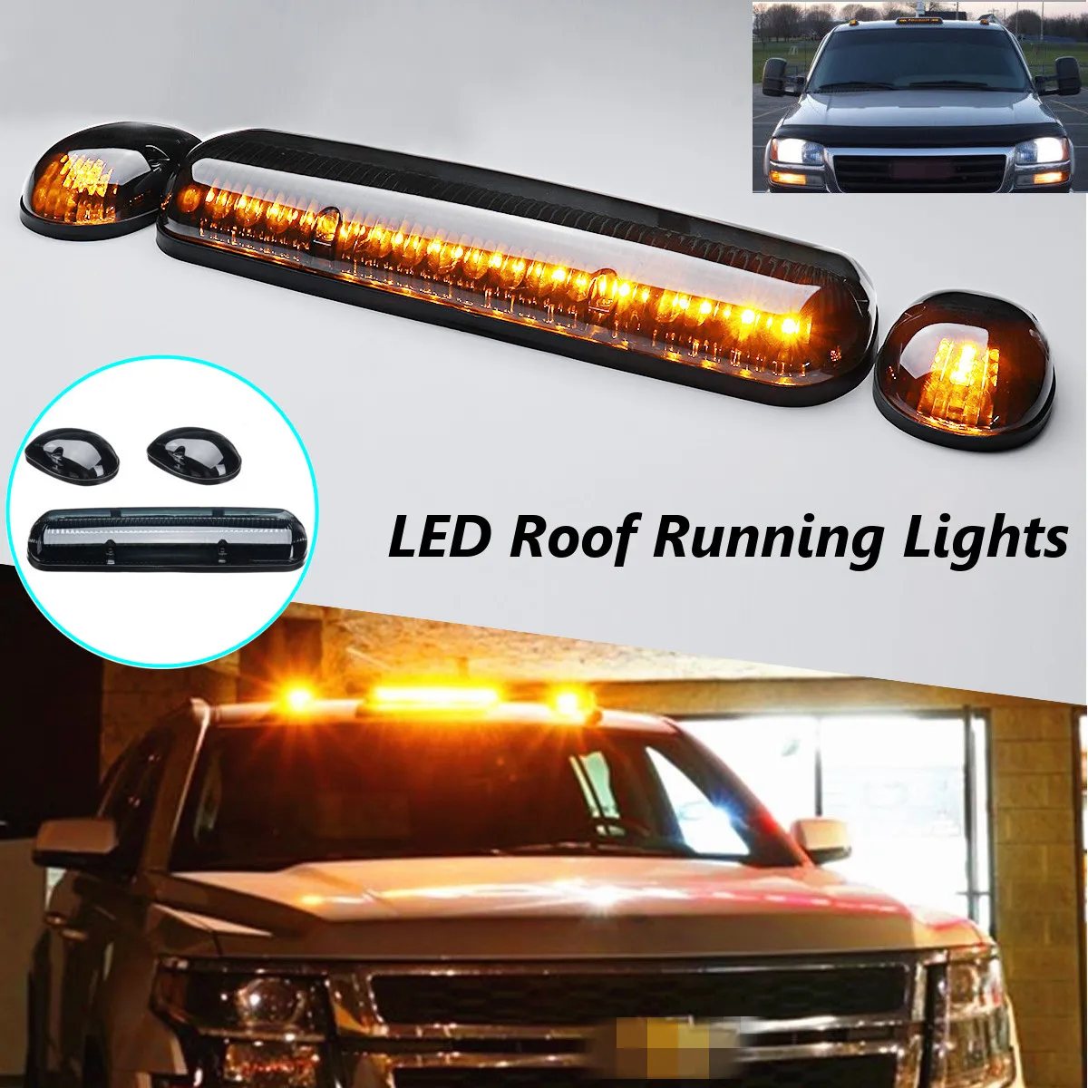 3PC Smoke LED Top Cab Roof Running Amber Lights For Chevy Silverado/GMC Sierra 