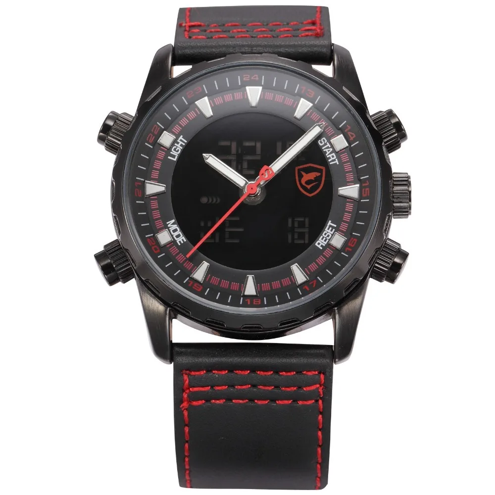 

Shark Sport Watch LCD Luminous Dial Scale Dual Movement Stop Watch 3ATM Leather Band Digital Military Men Quartz Clock / SH133