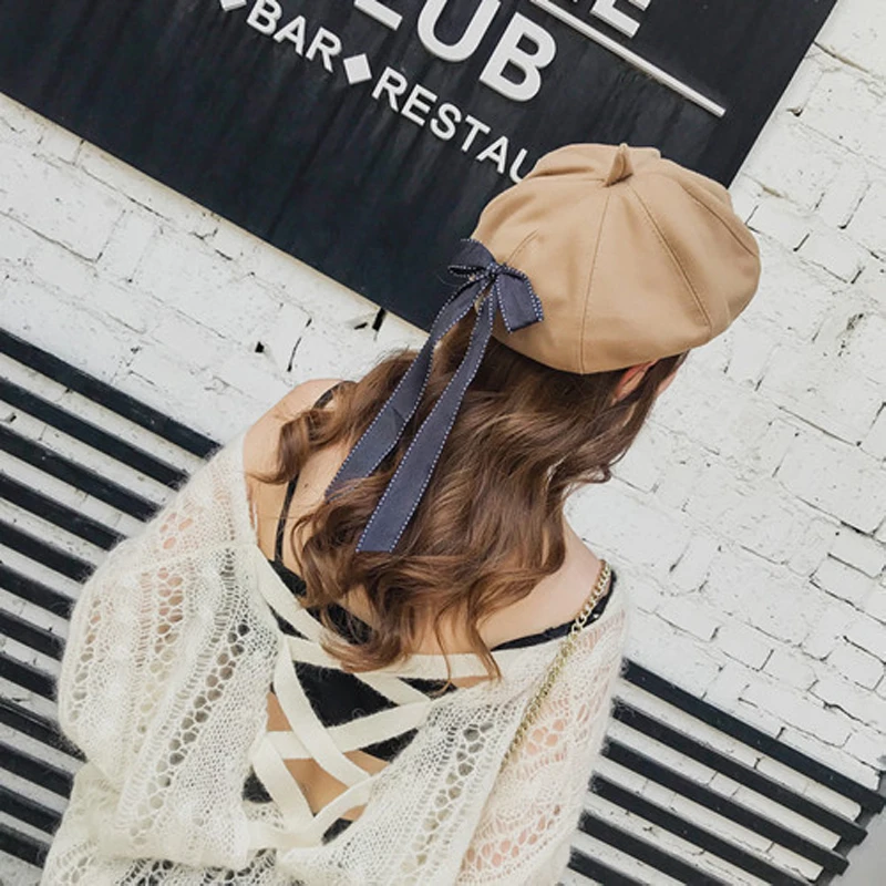

New Fashion Back Bow Hat Womens Ladies PU Leather Beret Harajuku Wool Basque Beret Hat With Bowknot