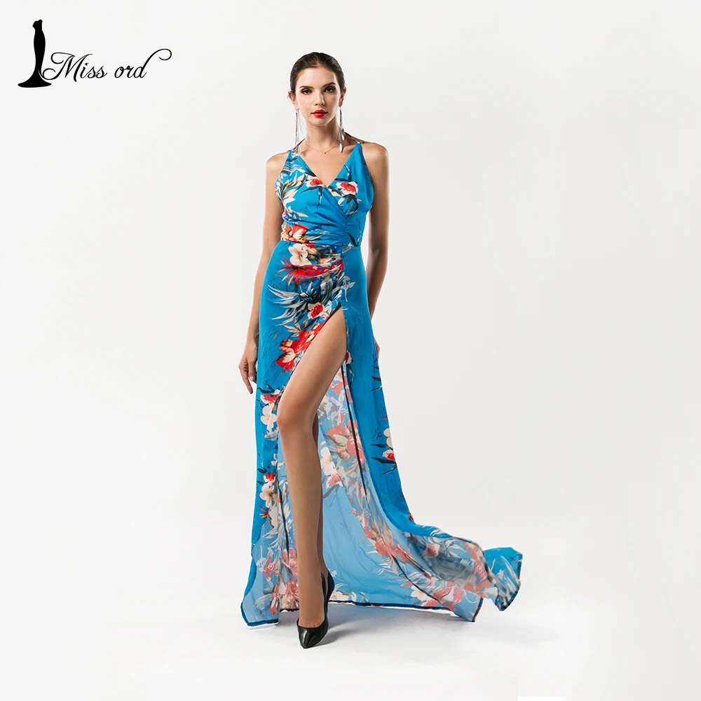  Free Shipping  Missord  2016 sexy V-neck Sleeveless halter printing split dress FT5176 