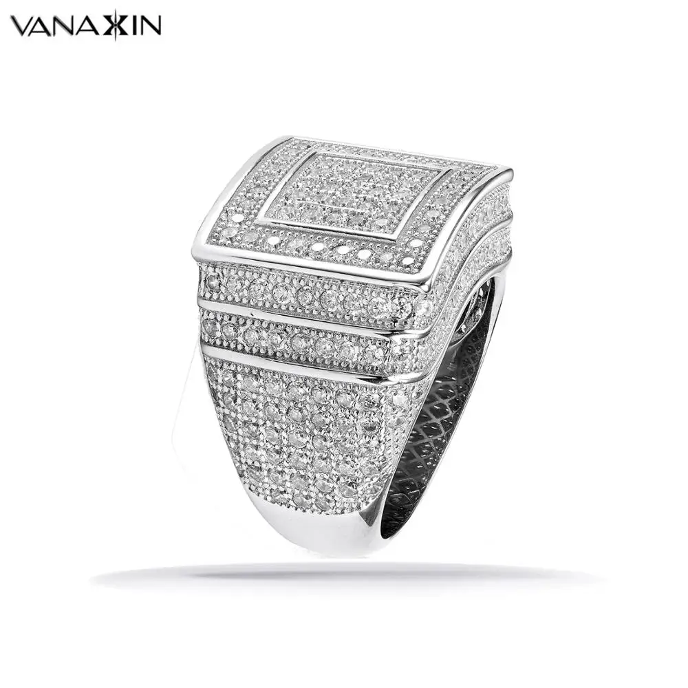 

VANAXIN 925 Silver Rings For Men Bling Bling CZ Big Punk Rings Full Paved Cubic Zirconia Fashion Jewellery Wedding 2019 Gift Box