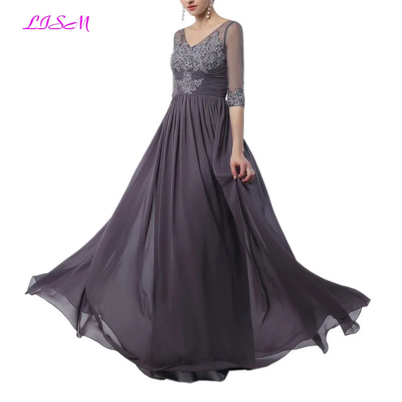 

Gray Mother of the Bride Dresses V-Neck Half Sleeves Long Evening Party Gowns Elegant Mother Dress