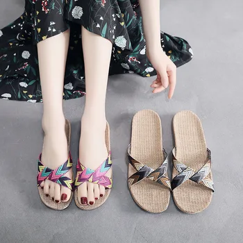 

Summer Home Women Flat Slippers Cross-tied Summer Unisex Slides Thick Bottom Slip-proof Indoor Wood Floor Women Slippers