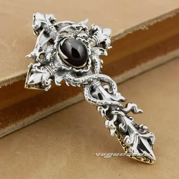 

LINSION 925 Sterling Silver Dragon Twine Brass Cross Black CZ Mens Biker Pendant 8X004 Just Pendant
