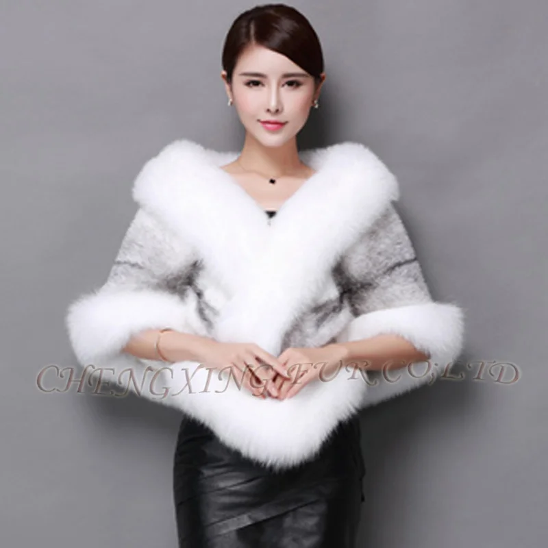 

CX-B-M-05B Natural Color Genuine Mink Fur Shawl with Fox Fur Trim