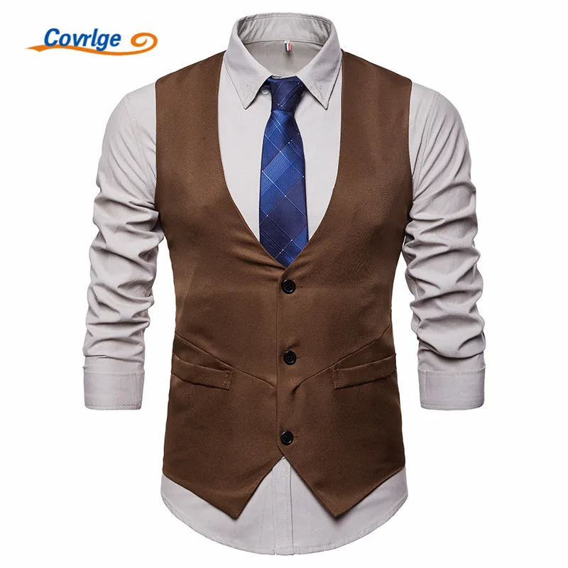 

Covrlge Men's Business Casual Slim Fit Vests High Quality Spring Autumn Solid Color Single Buttons Men Vests Male Suit MWX029