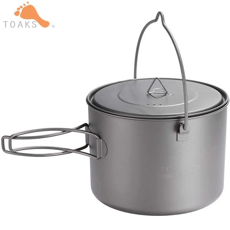 

TOAKS Hang Pot Outdoor Camping Cookware Picnic Pot Ultralight Titanium Pot With Lids and Foldable Handle 1600ml POT-1600-BH